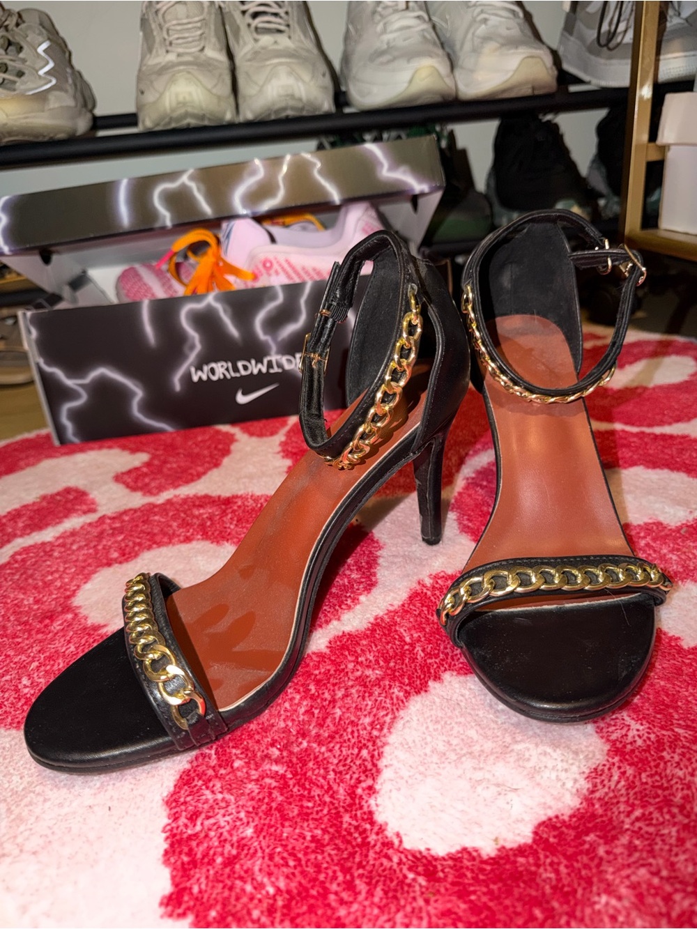 Black Chain-Accent Ankle Strap Heels